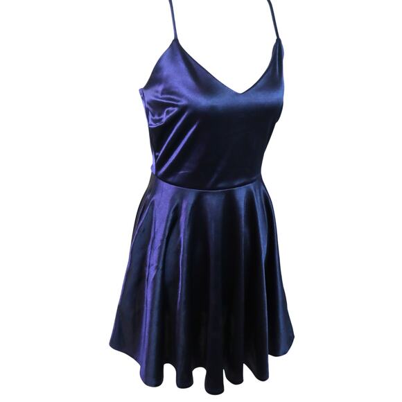 Winsdor Navy Blue Satin Silky Slip Dress Mini Strappy V Neck Fit & Flare Medium - Picture 5 of 8